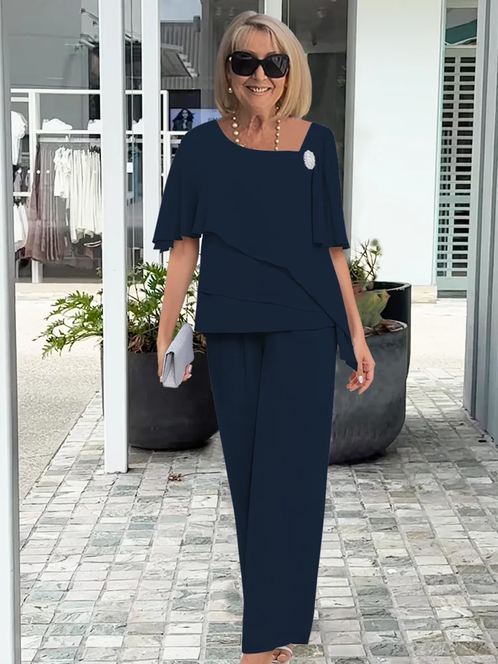Seraphina │ Women's Chiffon Layered Top And Wide-Leg Trousers Two-Piece Set
