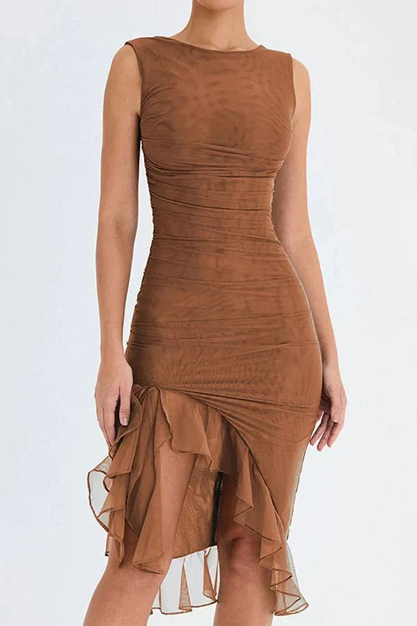Rosalind │ Women's Ruched Sleeveless Midi Wedding Guest Dress
