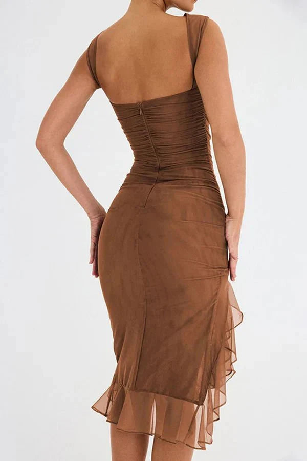 Rosalind │ Women's Ruched Sleeveless Midi Wedding Guest Dress