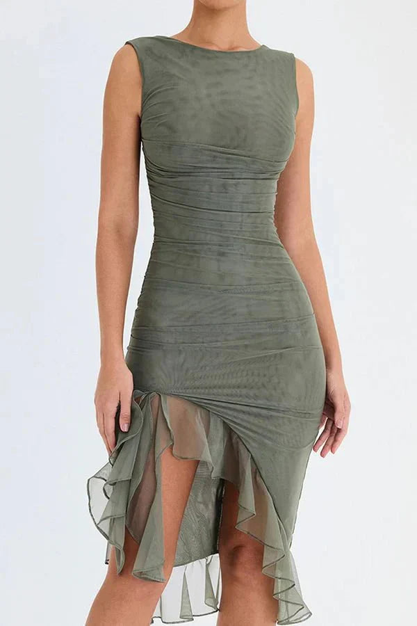 Rosalind │ Women's Ruched Sleeveless Midi Wedding Guest Dress