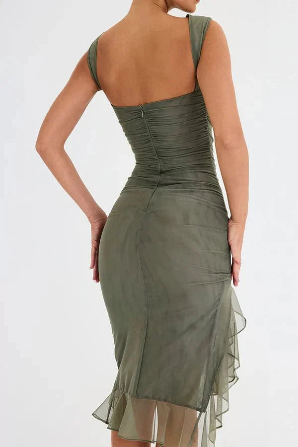 Rosalind │ Women's Ruched Sleeveless Midi Wedding Guest Dress