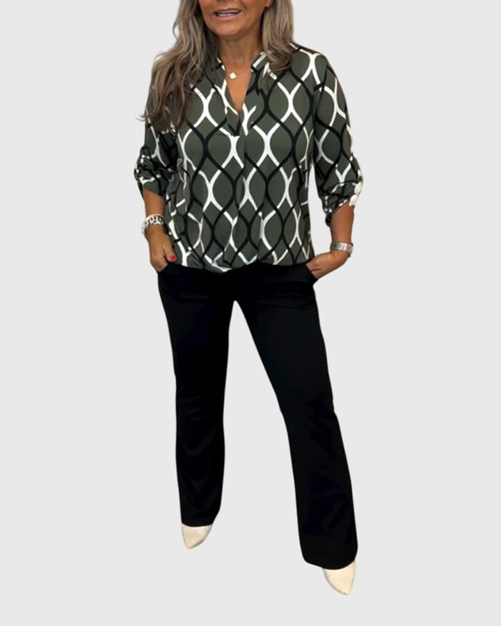 Charlotte │ Women's Long Sleeve V-Neck Blouse With Geometric Print