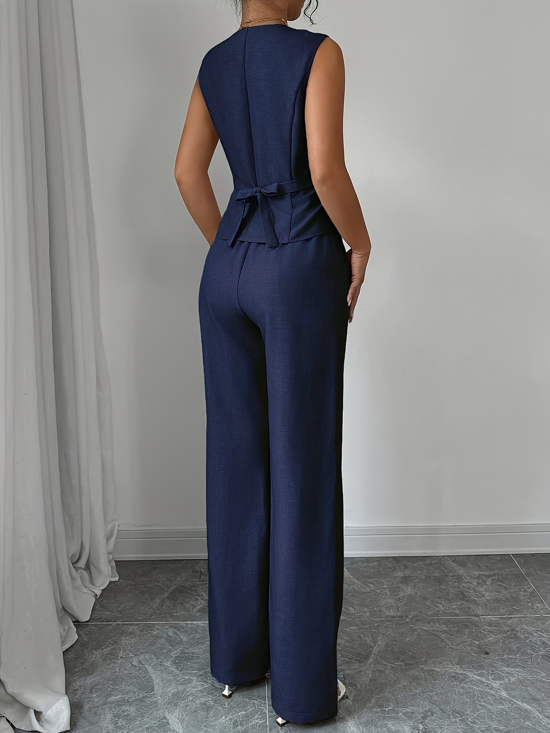Leona │ Women's Sleeveless Button Front Vest And Straight Leg Trousers Two Piece Set