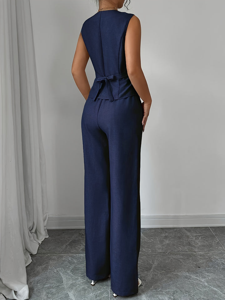 Leona │ Women's Sleeveless Button Front Vest And Straight Leg Trousers Two Piece Set