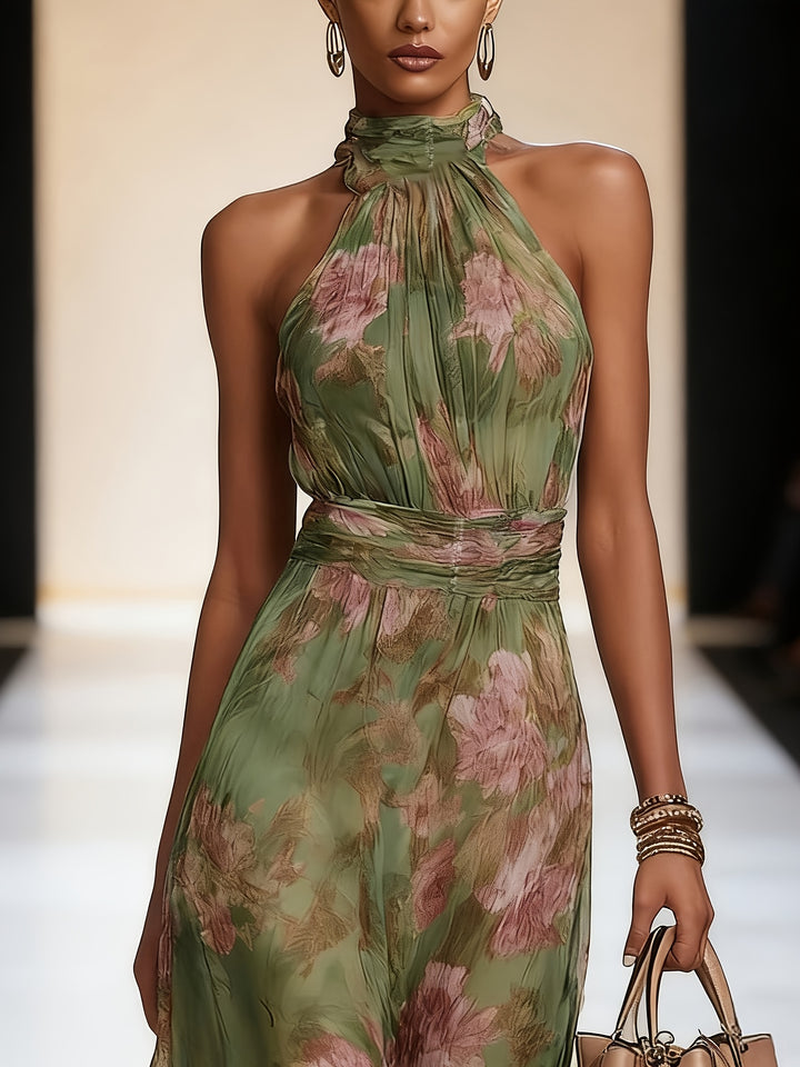Eleanor │ Women's Floral Print Halter Neck Wedding Guest Maxi Dress