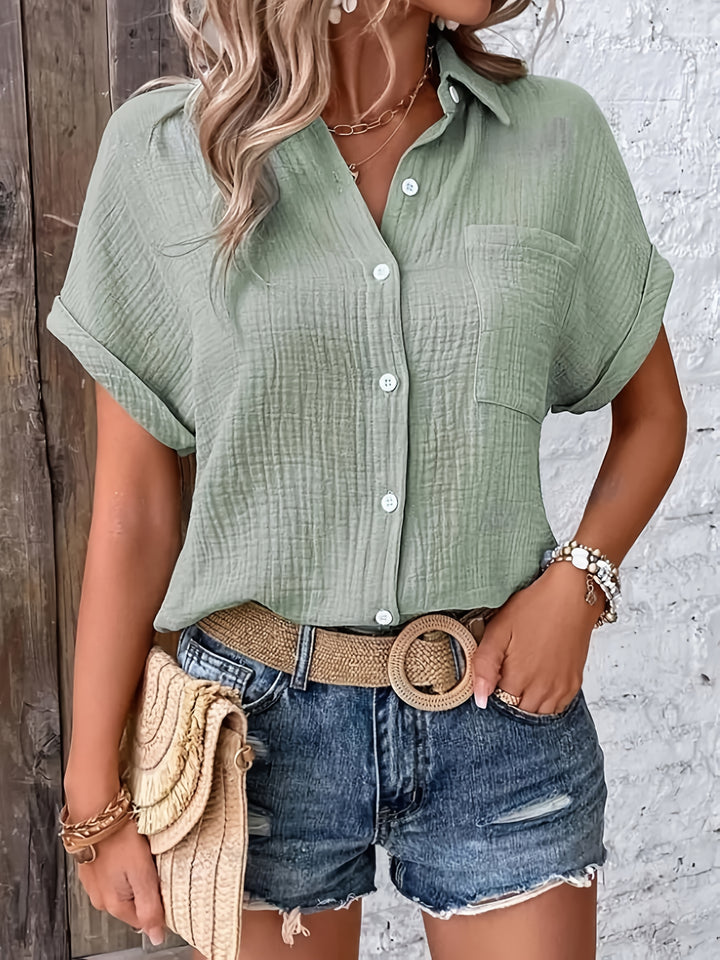 Leona │ Women's Short Sleeve Collared Button Front Shirt