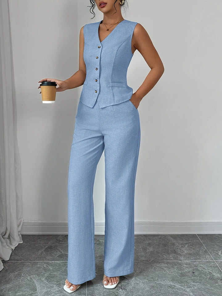 Leona │ Women's Sleeveless Button Front Vest And Straight Leg Trousers Two Piece Set