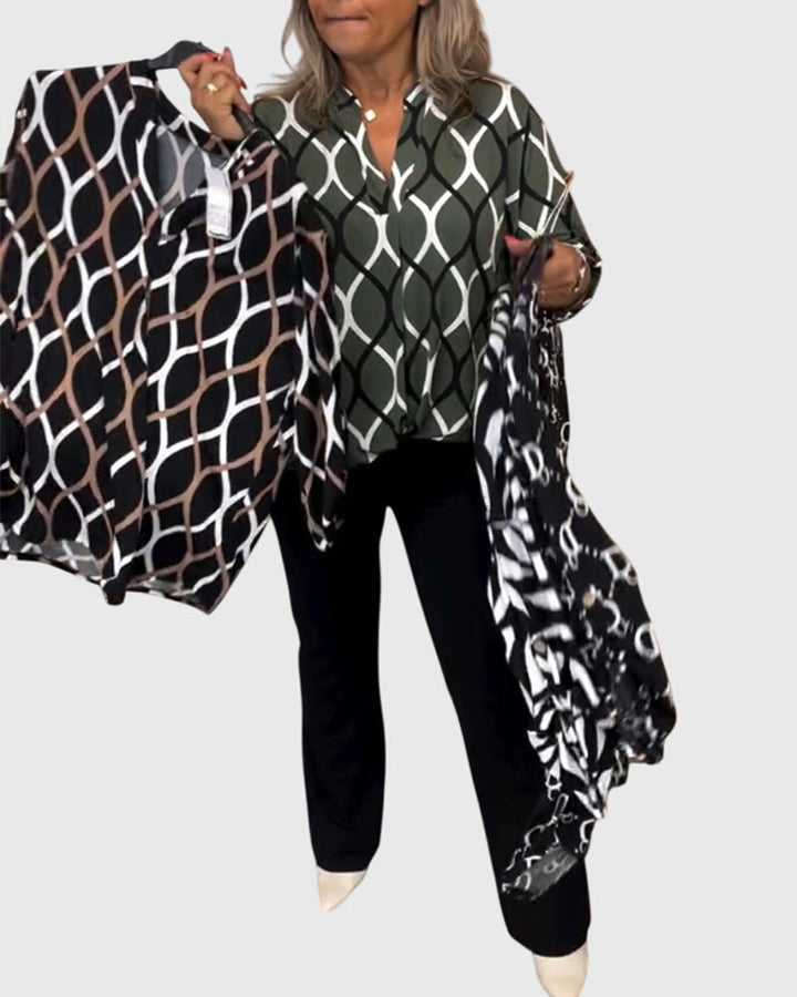 Charlotte │ Women's Long Sleeve V-Neck Blouse With Geometric Print
