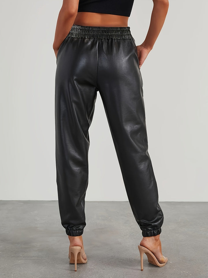 Martha │ Women's Leather-Look Tapered Trousers With Elasticated Waist And Cuffed Ankles