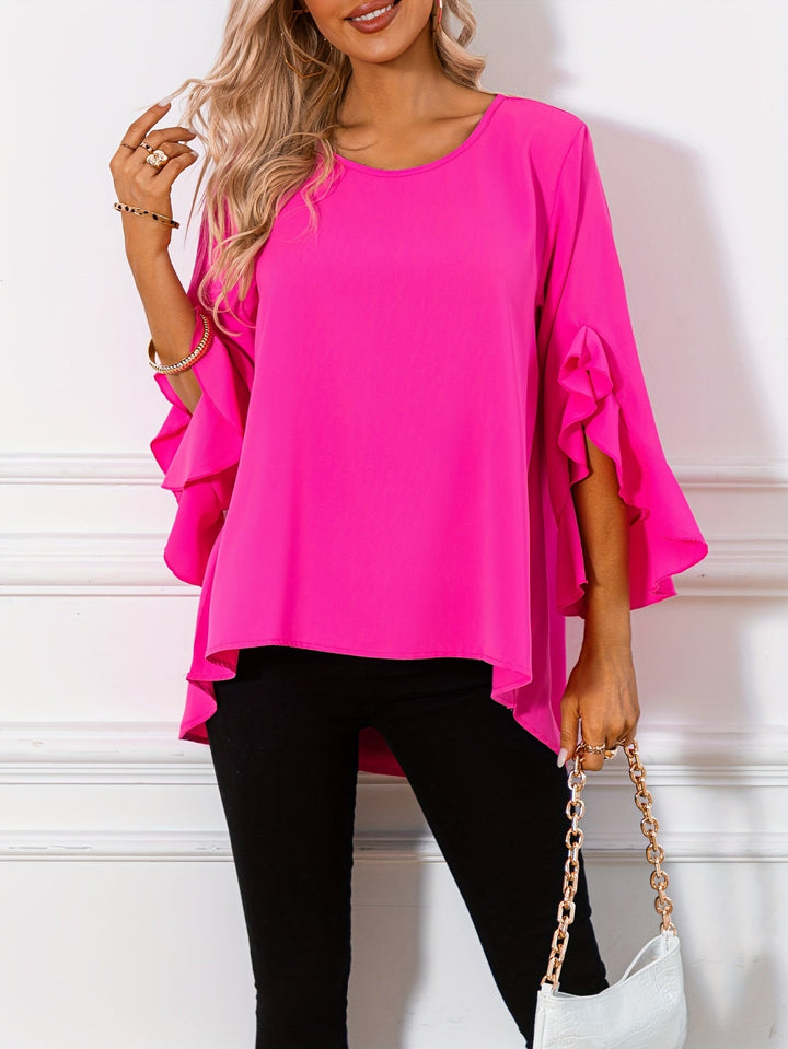 Corinna │ Women's Three-Quarter Sleeve Peplum Blouse With Ruffle Detail