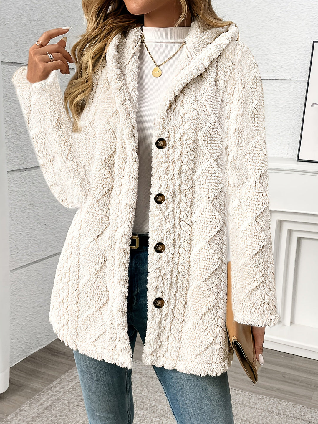 Nora │ Women's Hooded Wool-Blend Teddy Coat With Button Front