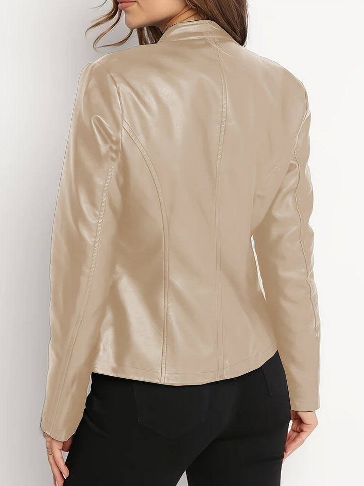 Margaret │ Women's Leather Biker Jacket With Stand Collar And Zip Front