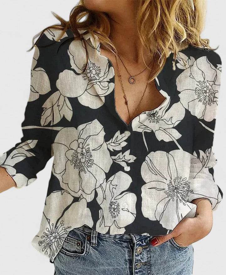Sheila │ Women's Linen V-Neck Button Front Long Sleeve Blouse