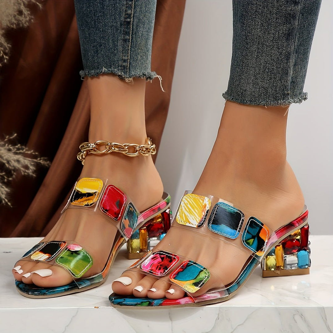 Zara │ Women's Block Heel Sandals With Clear Straps And Gem Embellishment
