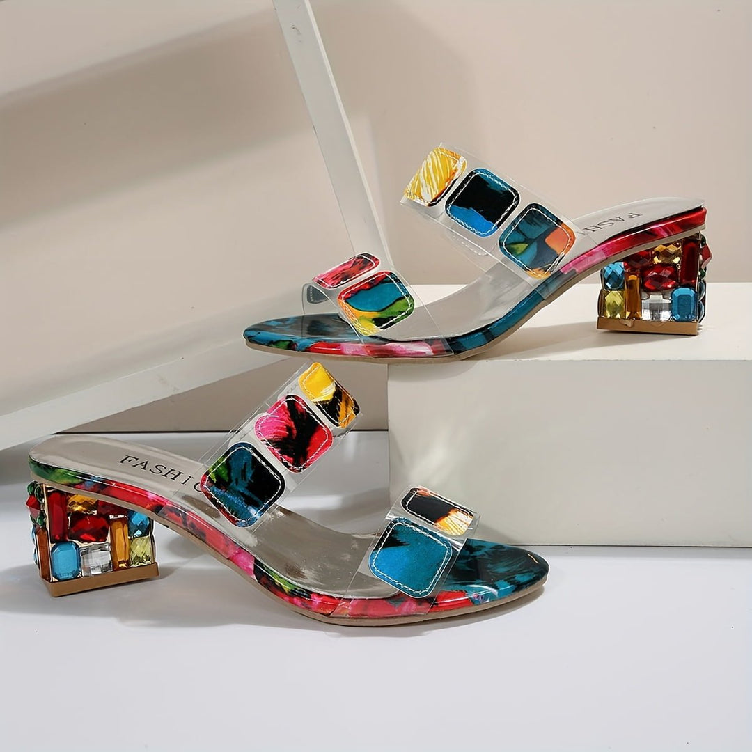 Zara │ Women's Block Heel Sandals With Clear Straps And Gem Embellishment