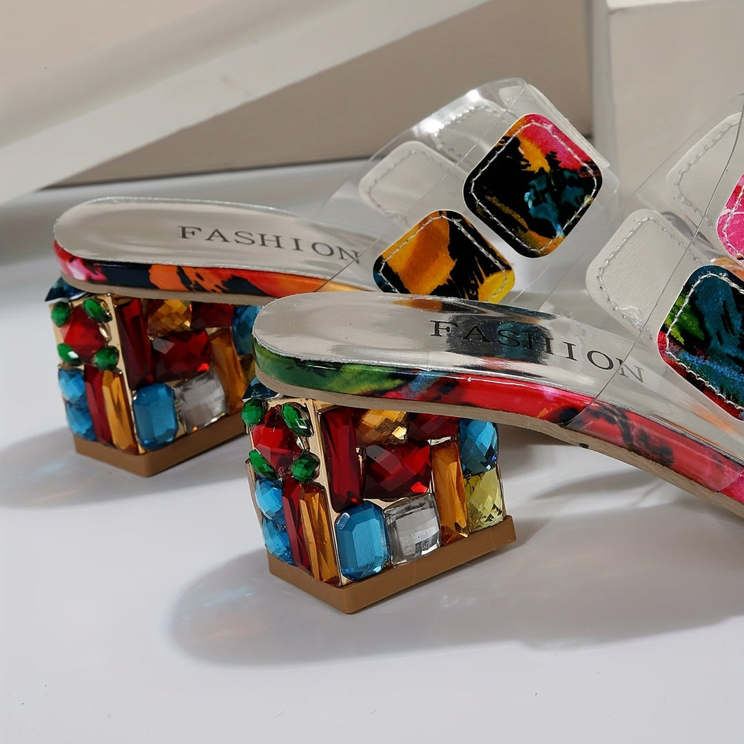 Zara │ Women's Block Heel Sandals With Clear Straps And Gem Embellishment