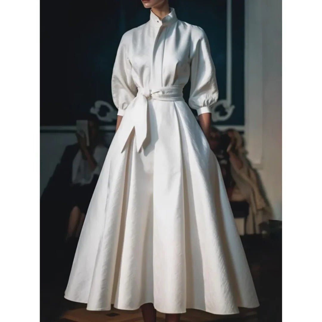 Seraphina │ Women's V-Neck Full Skirt Maxi Dress With Long Sleeves And Tie Waist Belt