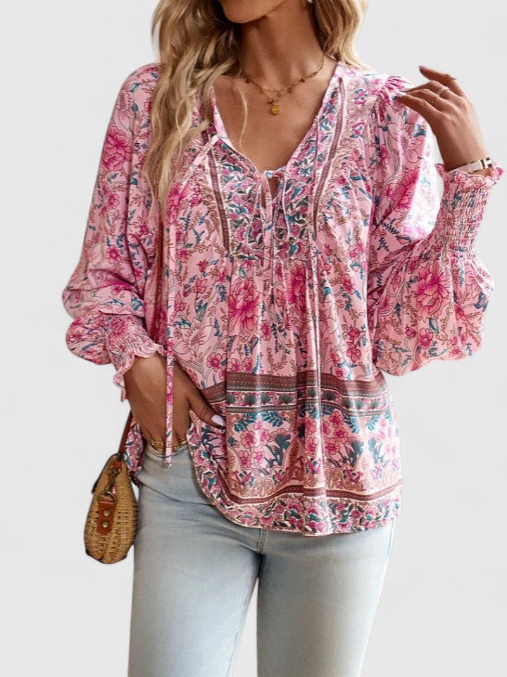 Norma │ Women's Floral Puff Sleeve V-Neck Boho Blouse