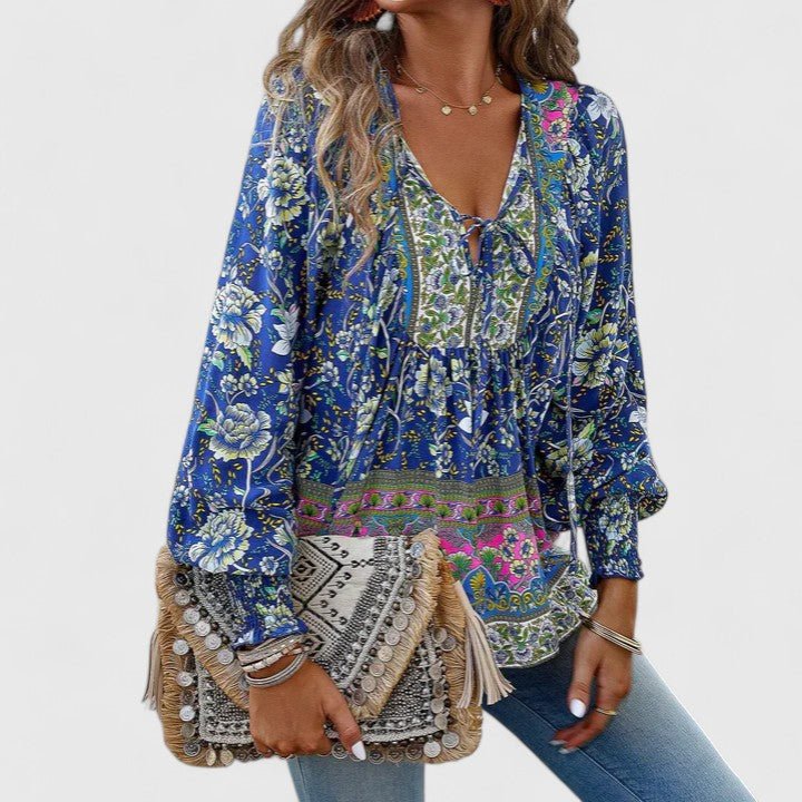 Norma │ Women's Floral Puff Sleeve V-Neck Boho Blouse