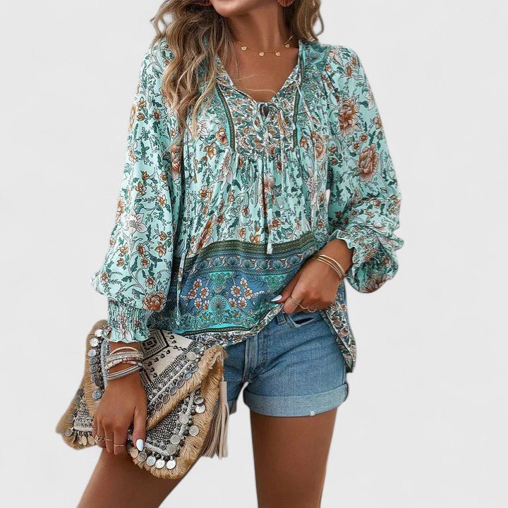 Norma │ Women's Floral Puff Sleeve V-Neck Boho Blouse