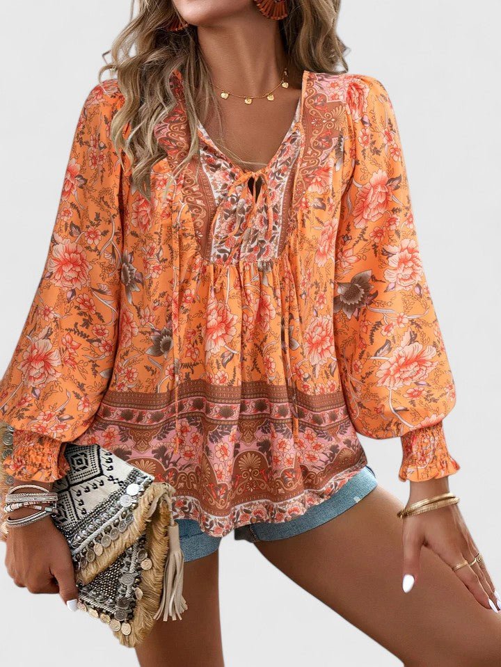 Norma │ Women's Floral Puff Sleeve V-Neck Boho Blouse