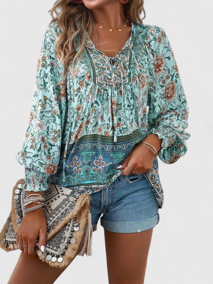 Norma │ Women's Floral Puff Sleeve V-Neck Boho Blouse