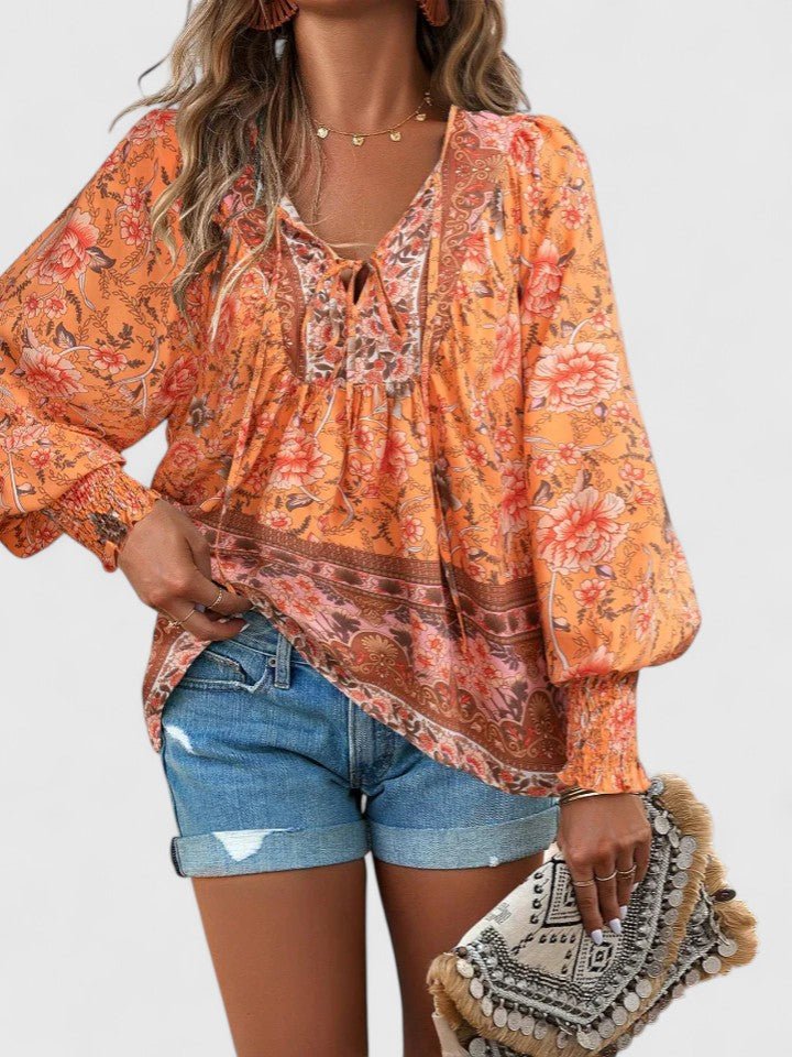 Norma │ Women's Floral Puff Sleeve V-Neck Boho Blouse