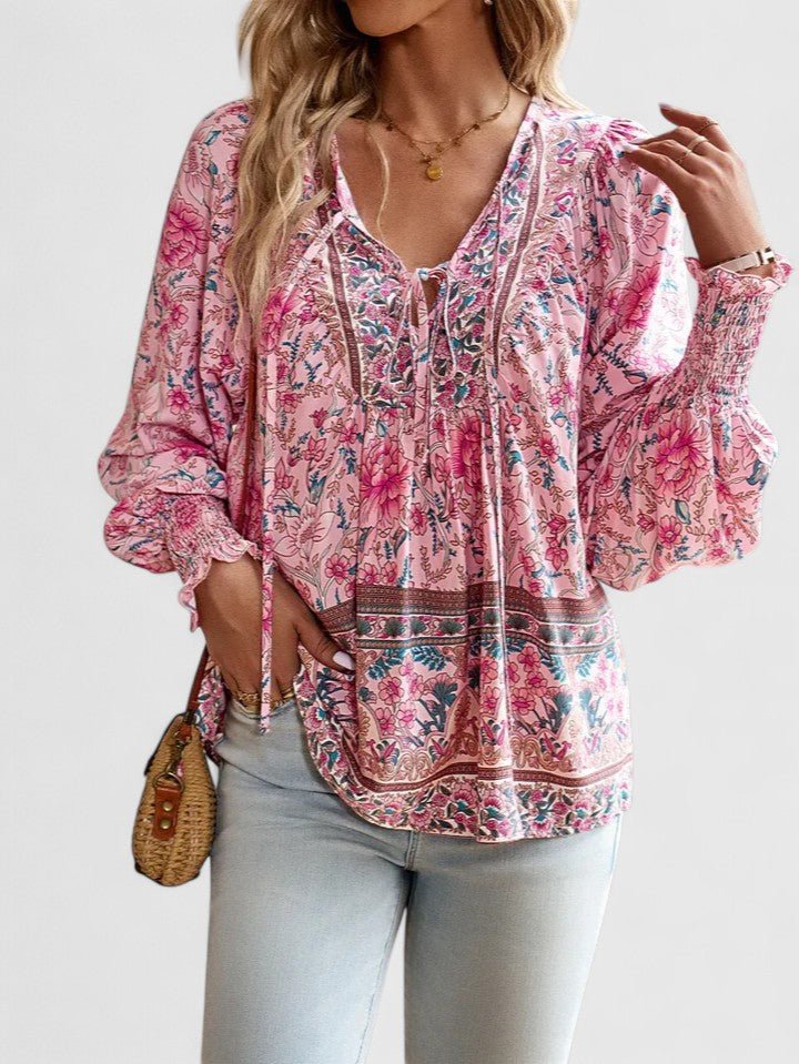 Norma │ Women's Floral Puff Sleeve V-Neck Boho Blouse