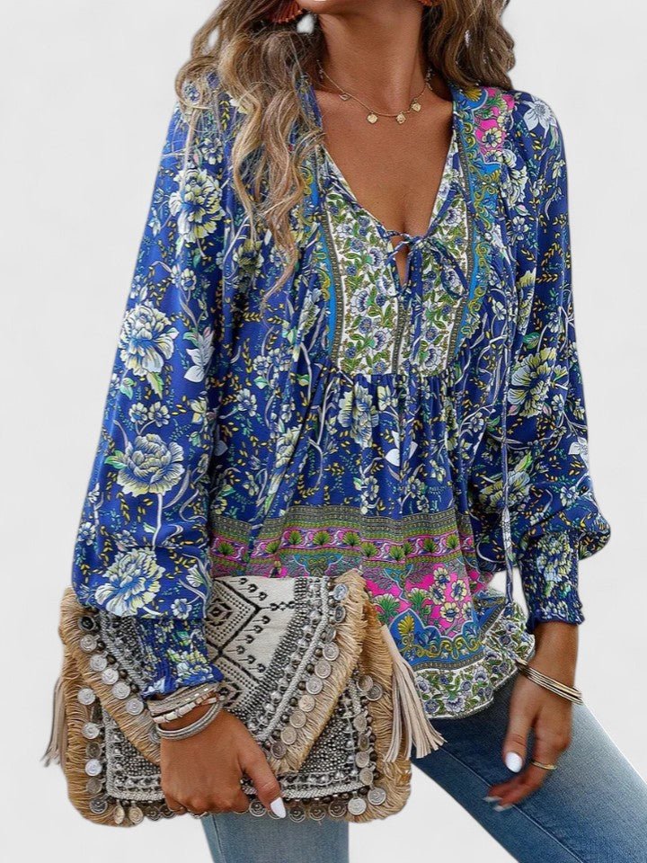 Norma │ Women's Floral Puff Sleeve V-Neck Boho Blouse
