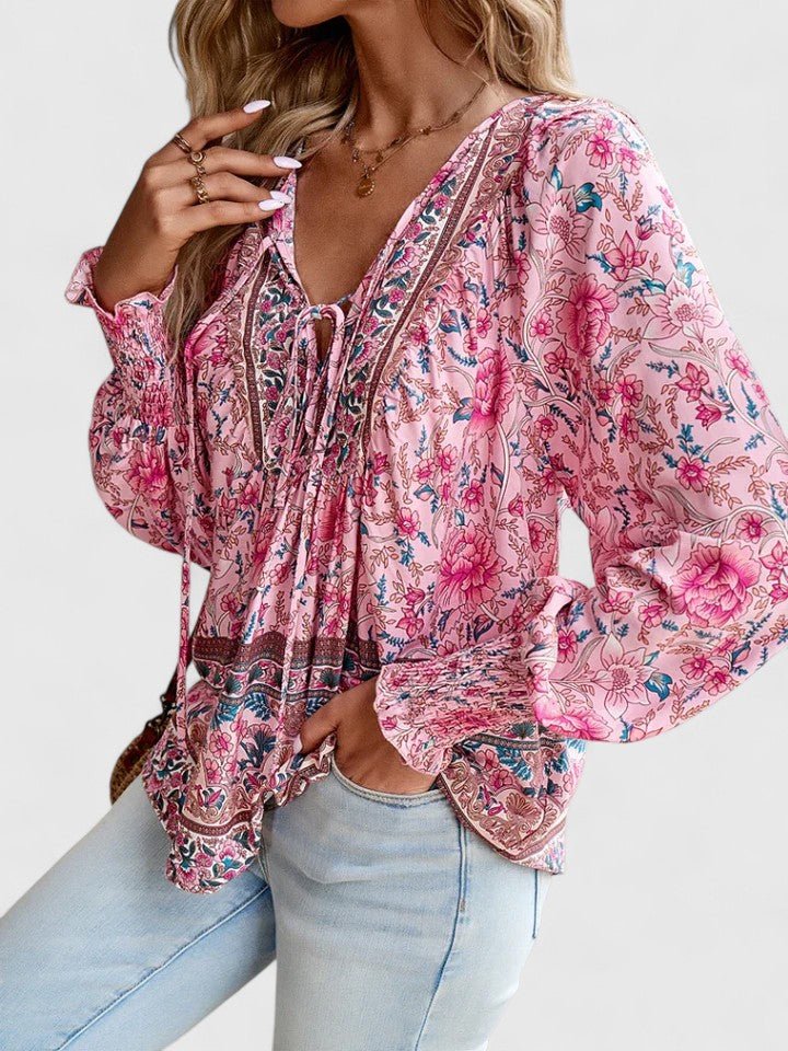 Norma │ Women's Floral Puff Sleeve V-Neck Boho Blouse
