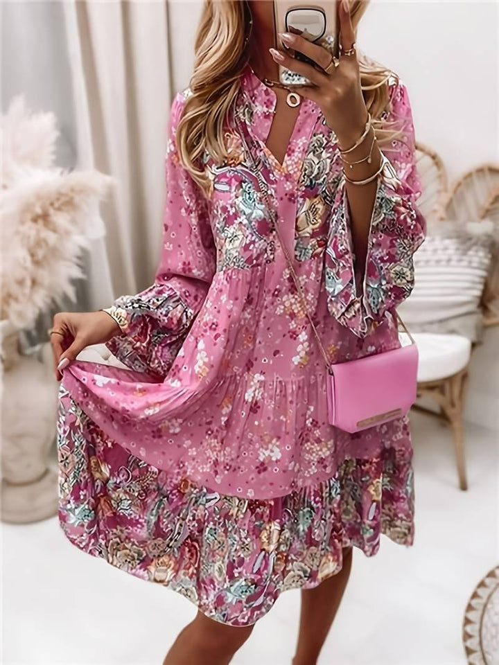 Rosalind │ Women's Floral Print V-Neck Midi Dress With Long Sleeves And Tiered Ruffle Hem