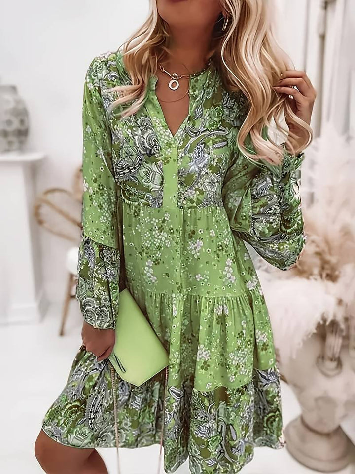Rosalind │ Women's Floral Print V-Neck Midi Dress With Long Sleeves And Tiered Ruffle Hem