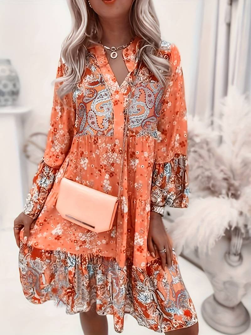 Rosalind │ Women's Floral Print V-Neck Midi Dress With Long Sleeves And Tiered Ruffle Hem