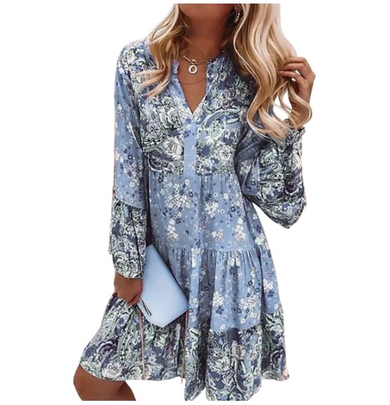 Rosalind │ Women's Floral Print V-Neck Midi Dress With Long Sleeves And Tiered Ruffle Hem