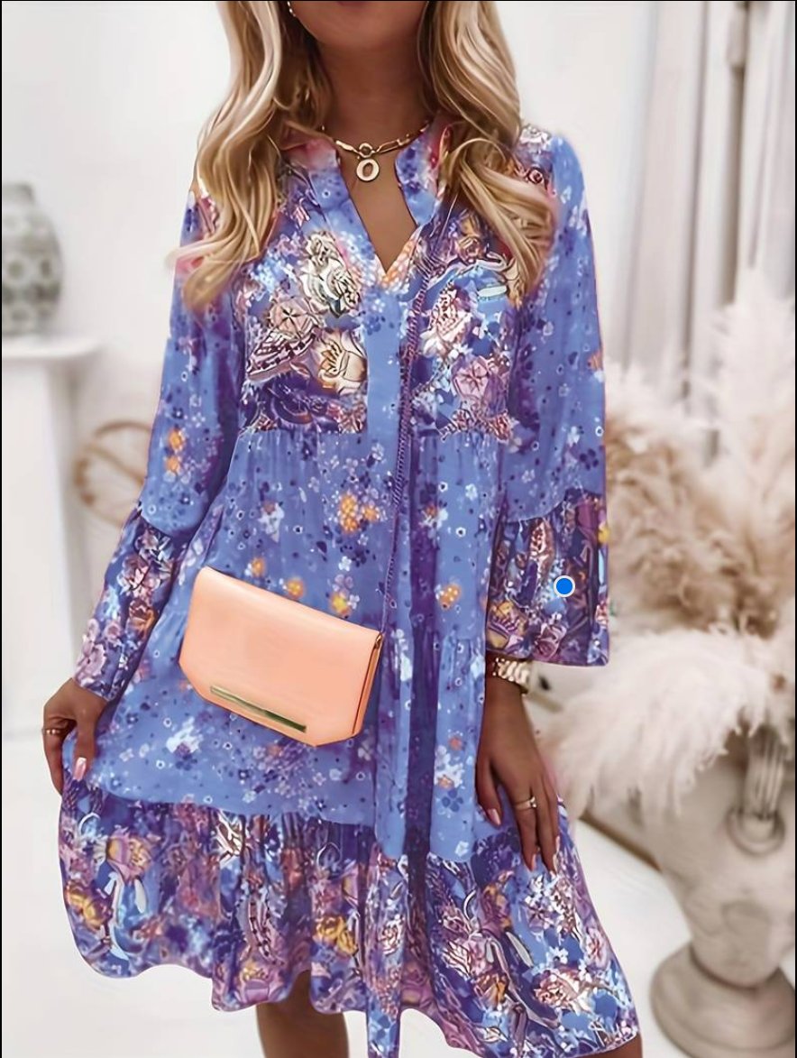 Rosalind │ Women's Floral Print V-Neck Midi Dress With Long Sleeves And Tiered Ruffle Hem