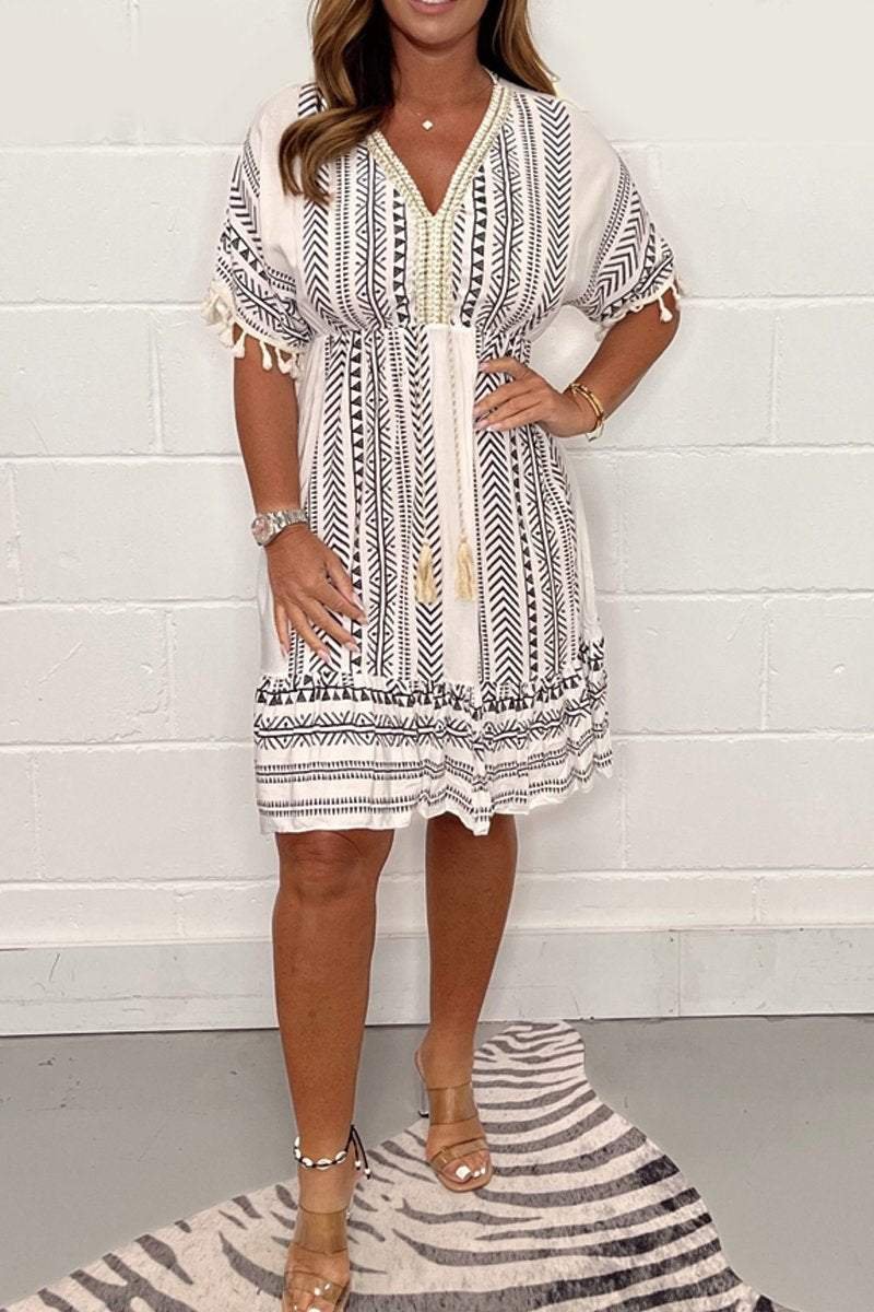 Calliope │ Women's Geometric Print V-Neck Mini Summer Dress With Tassel Trim