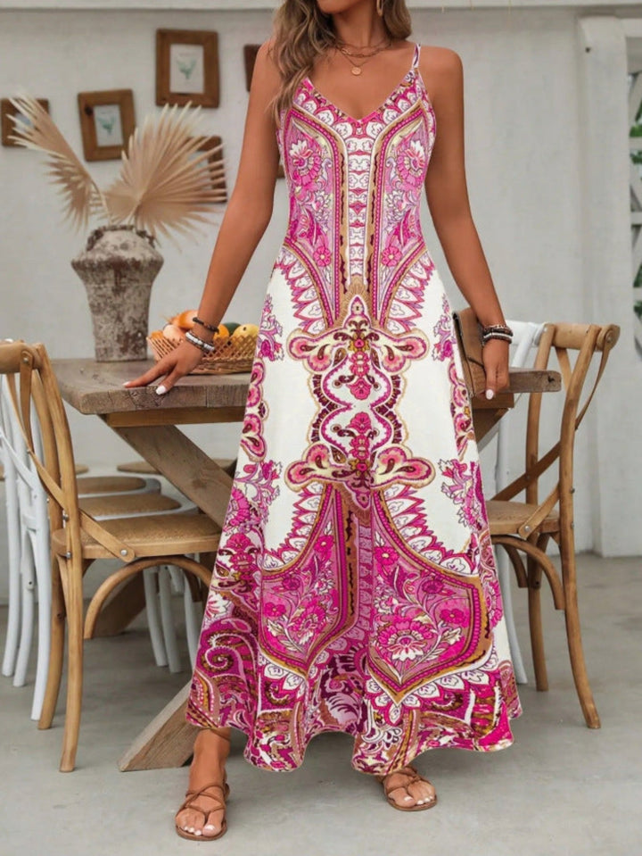 Thessaly │ Women's Paisley Print Spaghetti Strap Maxi Summer Dress With V-Neckline