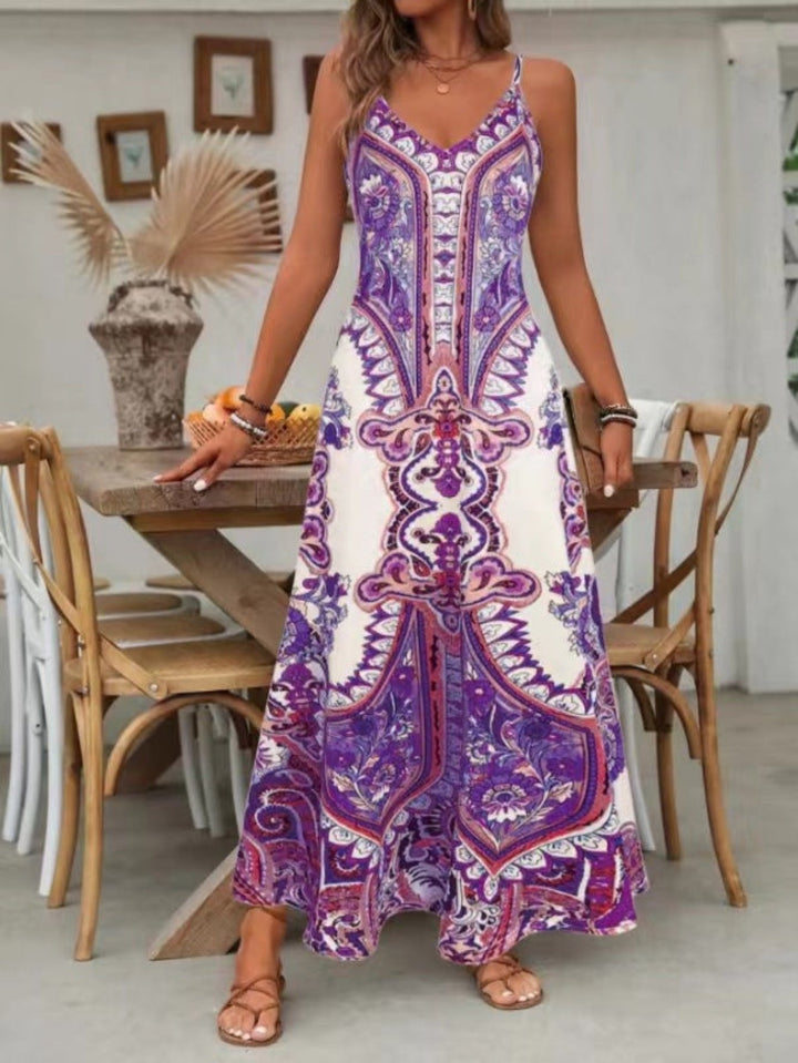 Thessaly │ Women's Paisley Print Spaghetti Strap Maxi Summer Dress With V-Neckline