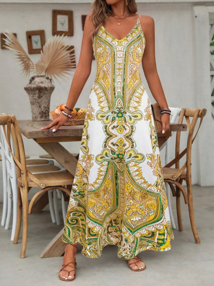 Thessaly │ Women's Paisley Print Spaghetti Strap Maxi Summer Dress With V-Neckline