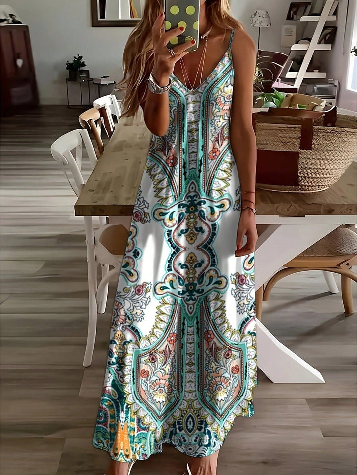 Thessaly │ Women's Paisley Print Spaghetti Strap Maxi Summer Dress With V-Neckline