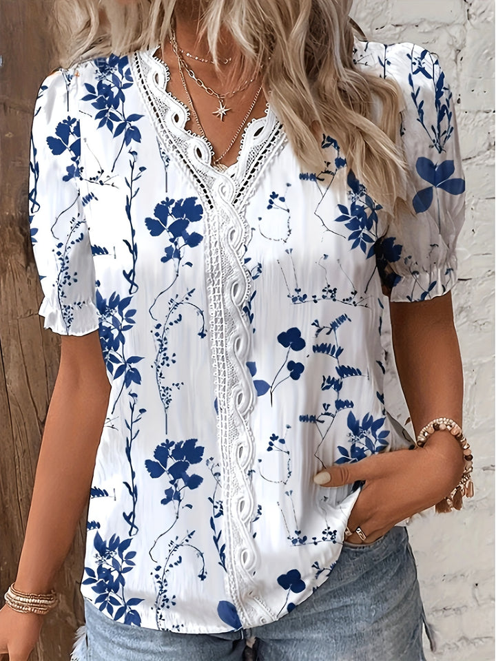 Bridget │ Women's Floral Print Short Sleeve Lace Trim Blouse