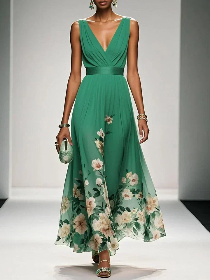 Grace | Women's V-Neck Ruched Bodice Floral Border Maxi Dress