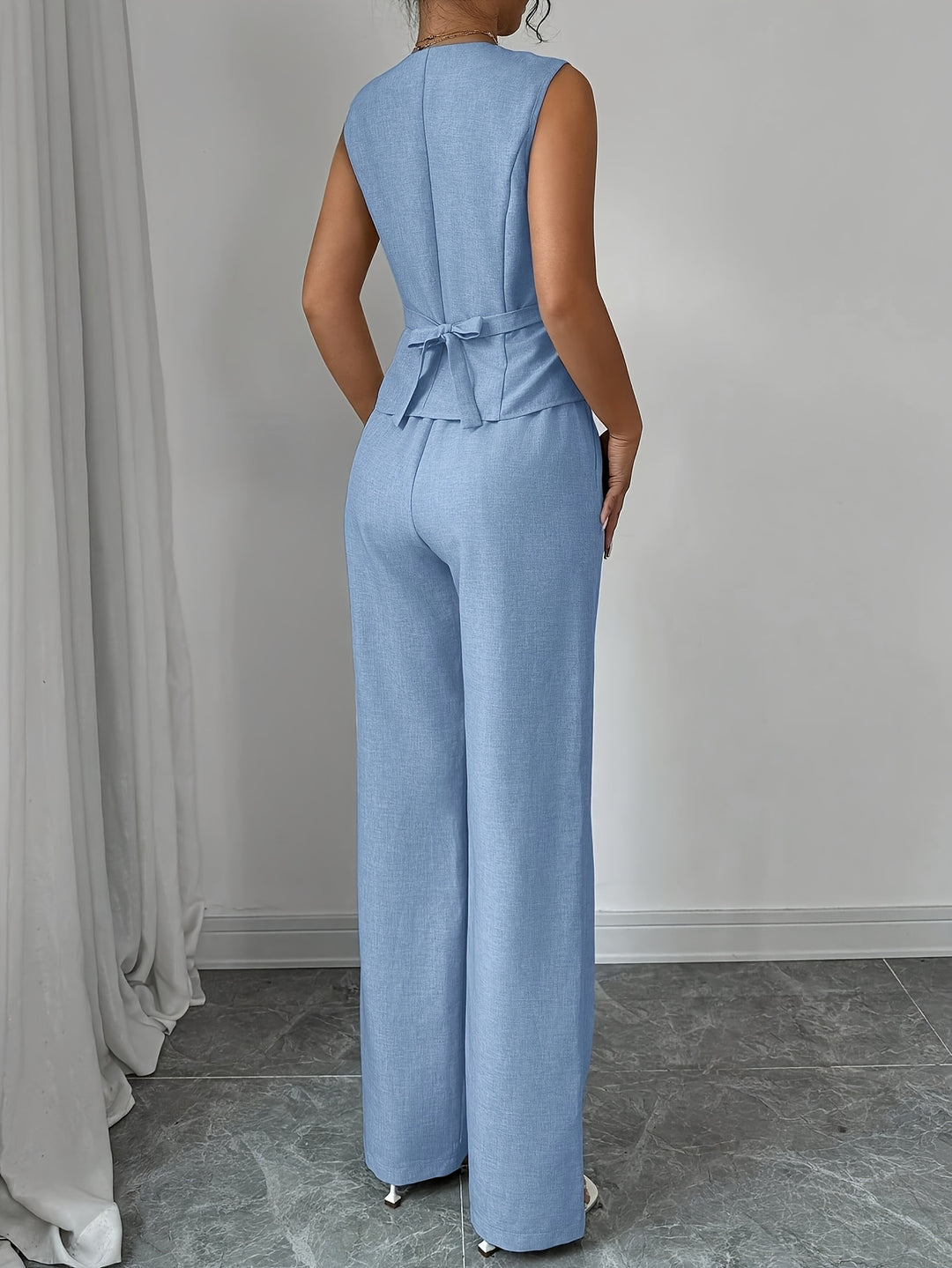 Leona │ Women's Sleeveless Button Front Vest And Straight Leg Trousers Two Piece Set