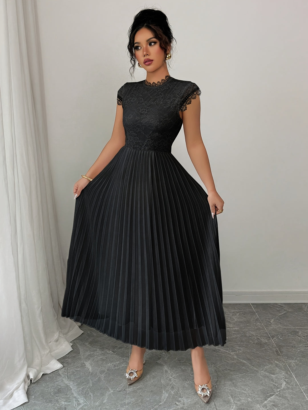 Edith │ Women's Lace Bodice Pleated Wedding Guest Maxi Dress