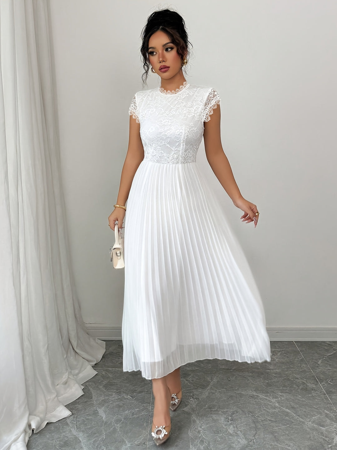 Edith │ Women's Lace Bodice Pleated Wedding Guest Maxi Dress