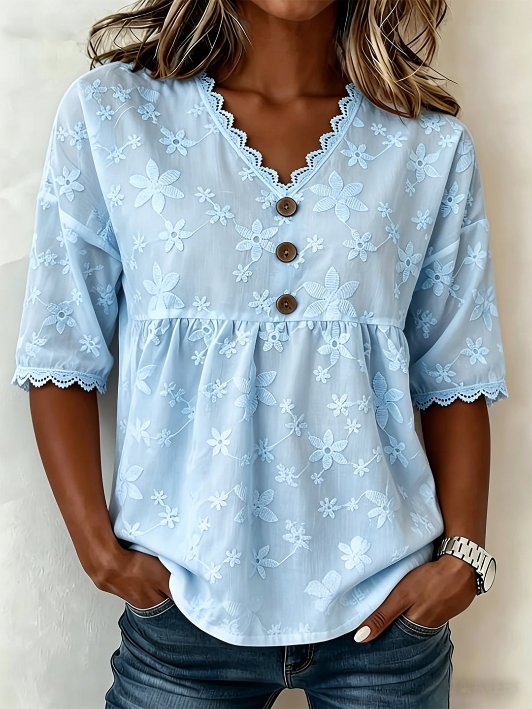 Rosie | Women's Floral Embroidered Lace Trim V-Neck Blouse