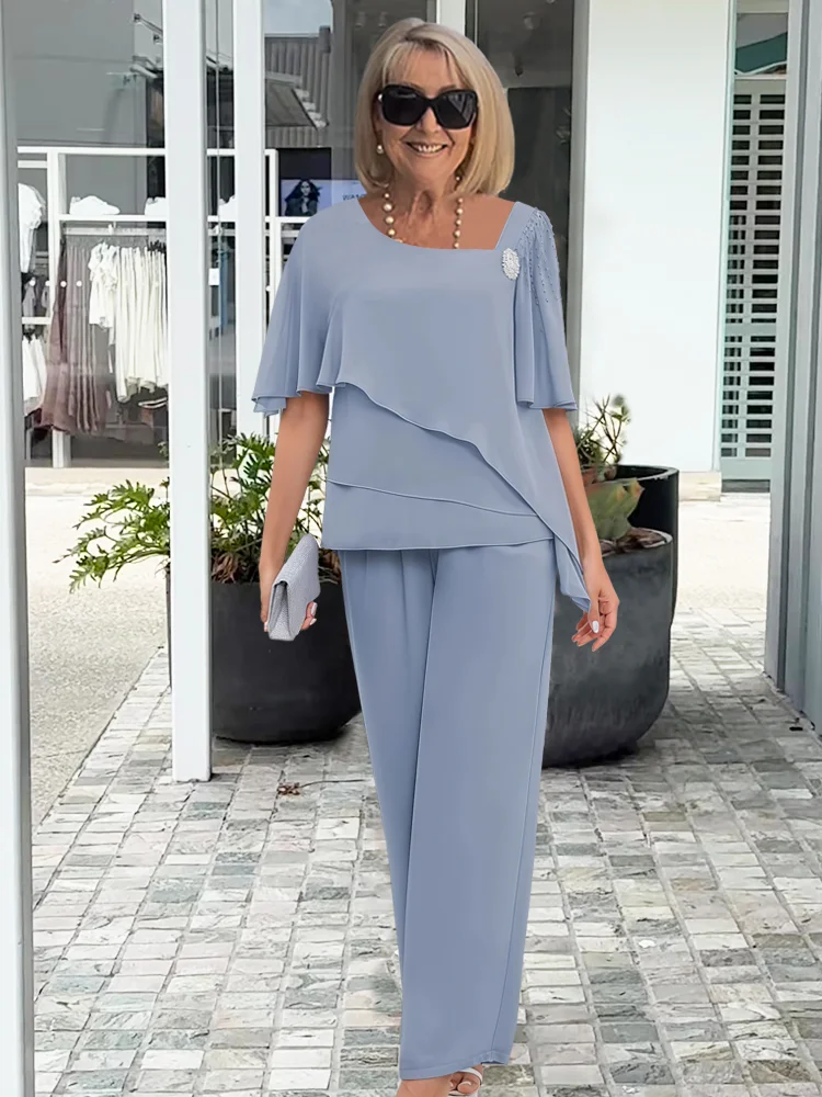 Seraphina │ Women's Chiffon Layered Top And Wide-Leg Trousers Two-Piece Set