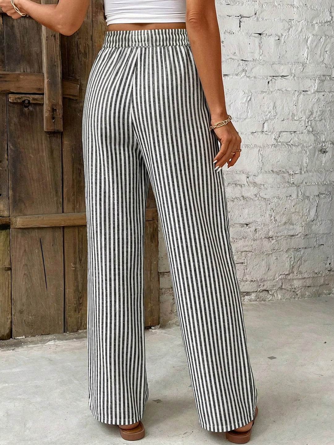 Georgina │ Women's Stripe Print Elastic Waist Wide Leg Trousers