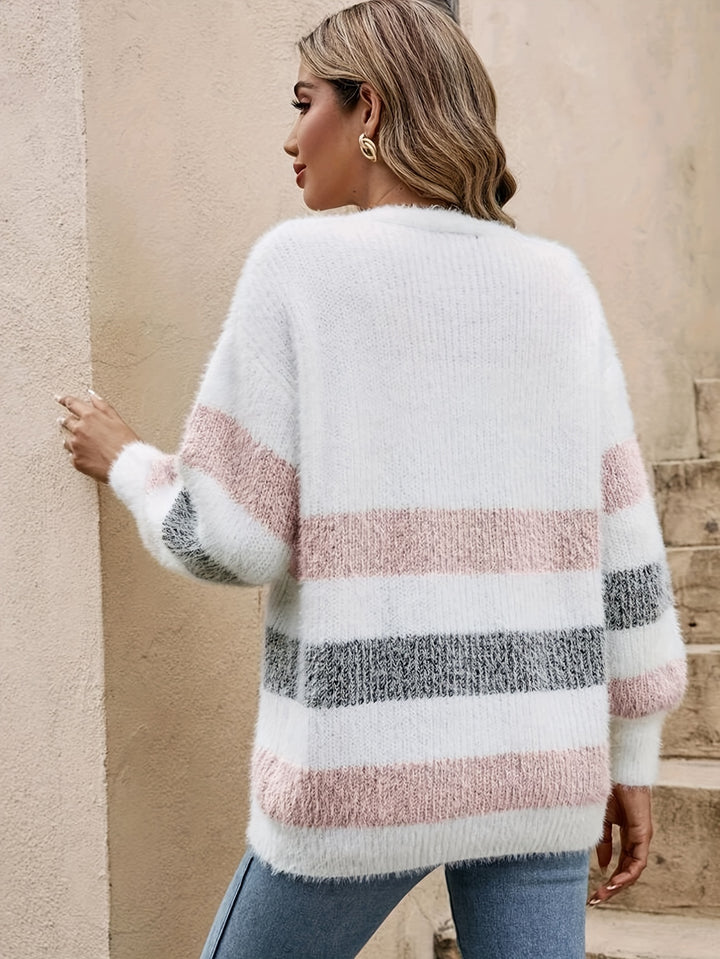 Muriel │ Women's Drop Shoulder Button Front Stripe Knit Cardigan