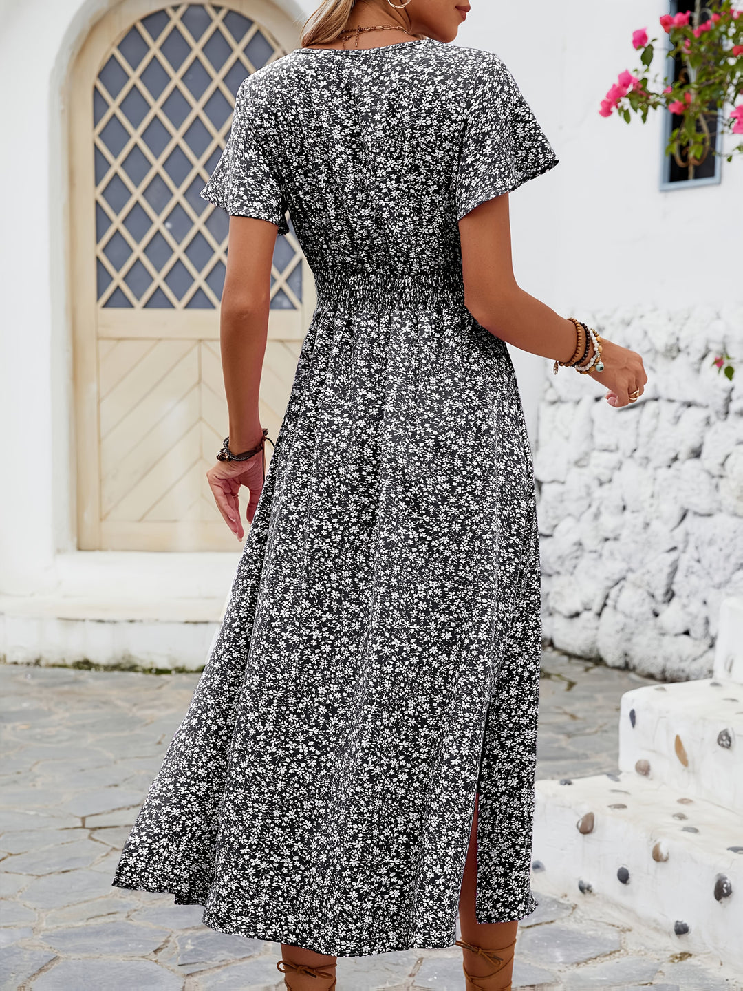 Winifred │ Women's Floral Print V-Neck Midi Dress With Butterfly Sleeves And Side Slit